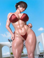 1girls 3d bikini brown_hair capcom female female_only fiorayne hagiwara_studio monster_hunter monster_hunter_rise muscular_female purple_eyes short_hair solo swimsuit tagme voluptuous