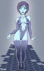 1girl artist_name b-intend barefoot blue_eyes blue_skin bodypaint breasts colored_skin cortana full_body halo_(series) looking_at_viewer medium_breasts navel nipples nude purple_hair pussy short_hair smile solo standing uncensored