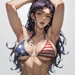 ai_generated american_flag_bikini misato_katsuragi purple_hair redphoenix_ sweat sweatdrop white_background