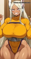 1girls animal_ears bangs belt blush breasts clenched_hands covered_navel cowboy_shot curvy dark-skinned_female dark_skin grin groin hands_up highleg highleg_leotard huge_breasts large_breasts leotard long_eyelashes long_hair long_sleeves looking_at_viewer muscular my_hero_academia parted_bangs rabbit_ears rabbit_girl red_eyes shiny smile solo standing tagme taut_clothes teeth thick_thighs thighs turtleneck turtleneck_leotard very_long_hair video white_hair wide_hips