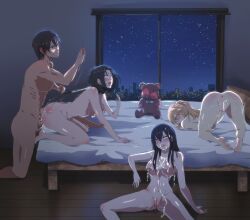 1boy 3girls absurdres after_sex aihara_mei aihara_ume aihara_yuzu artntai barefoot bed black_hair blush bondage building citrus_(saburouta) commission completely_nude cum cum_in_pussy highres long_hair multiple_girls nipple_piercing nude on_bed original piercing short_hair slap_mark stuffed_animal stuffed_toy teddy_bear uncensored