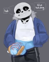 1boy balls english_text hot_dog_bun ketchup kogito male male_only meta_request penis penis_hot_dog sans sans_penis shorts_down simple_background solo tagme text undertale undertale_(series) video_games