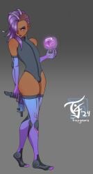 1boy arm_gloves big_ass big_butt brown-skinned_femboy brown-skinned_male bulge femboy genderswap_(ftm) gun latino leotard long_gloves purple_eyes purple_hair rule_63 solo sombra stockings trapgears