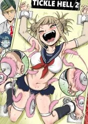 1boy 2girls ankle_cuffs armpits arms_up barefoot blush boku_no_hero_academia bondage bound breasts bubble_girl_(boku_no_hero_academia) fangs feet highres large_breasts laughing machine midriff miniskirt multiple_girls my_hero_academia nanahikari_tokumei navel open_mouth school_uniform serafuku short_hair sir_nighteye skirt tears teeth thong tickle_torture tickling tickling_armpits tickling_feet tickling_pussy tickling_sides toga_himiko tongue wrist_cuffs