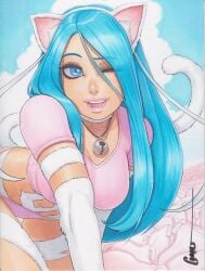 artist_name artist_signature bell blue_eyes blue_hair cat_bell cat_ears cat_girl cat_tail catgirl clothed clothed_breasts clothed_female clouds darkstalkers felicia_(darkstalkers) furry furry_female humanoid long_hair omar_dogan on_all_fours pillow pillows pink_panties pink_shirt pink_underwear sky sky_background straight_hair straight_hair_female white_fur