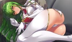 1girls ass big_ass blush boots c.c. clothed code_geass eel_mizue green_hair laying_down laying_on_side light-skinned_female thong yellow_eyes