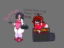 big_breasts big_thighs black_hair bodysuit boombox clovedex_(artist) comparing dumb_girl friday_night_funkin full_body girlfriend_(friday_night_funkin) knife looking_at_viewer nene_(newgrounds) pink_bodysuit pink_clothing red_bodysuit red_clothing simple_background small_breasts smiling speaker thick_thighs tongue tongue_out white_bodysuit wip