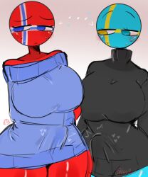 2futas among_us among_us_reference big_breasts bottomless clothed clothing countryhumans countryhumans_girl duo erection erection_under_clothes futa_only futanari humanoid kak0yt0_chel mostly_clothed norway_(countryhumans) sweater sweden_(countryhumans) tenting