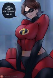 1girls big_boobs big_breasts boobs breasts brown_hair brown_hair_female brunette_hair costume disney domino_mask female female_focus flirting foonie_xd helen_parr heroine imminent_sex light-skinned_female light_skin mask masked_female mature_female mature_woman milf mother pixar smile smiling smiling_at_partner superhero_costume superheroine the_incredibles the_incredibles_2