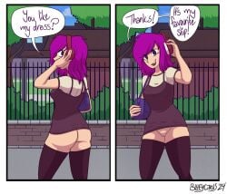 1girls accidental_exposure blueycitrus dialogue dress exposed_ass exposed_pussy headphones no_panties public_exposure public_nudity purple_eyes purple_hair pussy pussy_slip skirt_too_short unaware wardrobe_malfunction