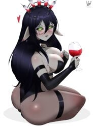 1girls areola black_hair blood blush drinking_glass female female_only glass_cup glasses green_eyes indie_virtual_youtuber layna_lazar light-skinned_female light_skin looking_at_viewer monster_girl nipple nose_blush pointy_ears seductive solo tiara veri_(verilewds) virtual_youtuber