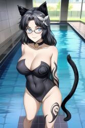 1girls ai_generated ass ass_focus big_breasts black_hair blue_eyes breasts cat_ears cat_tail catgirl female female_focus female_only glasses huge_ass huge_breasts large_breasts long_hair mature_female milf poolside swimsuit thighs