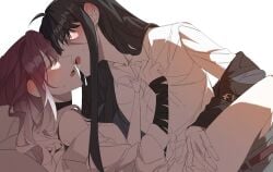 blush blush clothed clothed_sex clothes illusion_moon implied_penetration kissing kissing larger_female path_to_nowhere rahu_(path_to_nowhere) scar_on_face scars shalom_(path_to_nowhere) skirt_down smaller_female stripping sweat tie yuri