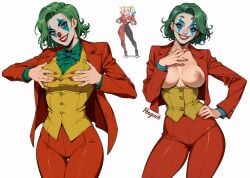 2d ai_generated batman_(series) breast_grab breasts breasts breasts_out clown clown_makeup dc_comics genderswap_(mtf) grabbing green_hair harley_quinn joker makeup mtf_transformation nipples penguih red_suit rule_63 sexy_pose simple_background white_background