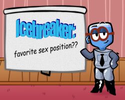 animate_inanimate anthro boots clothing eyewear footwear glasses hi_res jackbox_games job_job knee_boots knee_highs legwear m._bubbles necktie projector sexylinguini shoes smile smirk solo text the_jackbox_party_pack underwear water_cooler