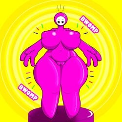 2020 ass_expansion big_breasts big_hands blush breast_expansion breasts bright_colors curvy_figure digital_media_(artwork) exclamation_point fall_gal fall_guys female genitals growth hi_res huge_breasts humanoid looking_at_self looking_down looking_down_at_self navel nipples nude onomatopoeia pink_body pussy shaded slightly_chubby solo sound_effects standing surprise text thick_thighs transformation vestalysis video_games voluptuous