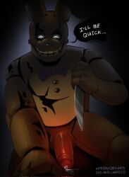 1boy anthro anthro_only anthrofied big_cock big_penis five_nights_at_freddy's five_nights_at_freddy's_3 furry knife large_penis orfiarts penis_out precum precum_bubble precum_drip precum_string spring_bonnie spring_bonnie_(fnaf) springtrap