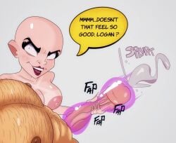 1boy 1girls bald bald_female cassandra_nova cum cumshot deadpool_&_wolverine_(2024) dominant_female duck4_lunch hairy hairy_chest hairy_male handjob handjob_w/sex_toy huge_cock large_areolae large_nipples light-skinned_female light-skinned_male light_skin marvel marvel_cinematic_universe marvel_comics muscular_male sex_toy sound_effects speech_bubble tanline veiny_penis wolverine_(x-men)