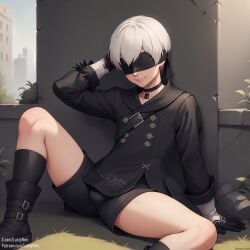 1boy ai_generated blindfold bulge clothed clothing femboy looking_at_viewer lustyren male male_focus male_only nier nier:_automata penis_under_clothes short_hair sitting solo trap white_hair yorha_9s