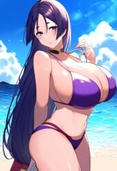 ai_generated big_breasts bikini bikini_bottom bikini_top breasts center_opening fate/grand_order fate_(series) female keinovelnovelai minamoto_no_raikou_(fate) minamoto_no_raikou_(fate/grand_order) purple_eyes purple_hair purple_swimsuit purple_swimwear solo swimsuit swimwear type-moon