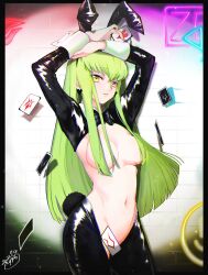 animal_ears arms_up blush breasts c.c. card code_geass convenient_censoring detached_collar extra_ears fake_animal_ears fake_tail female green_hair hair_censor hair_over_breasts highres latex latex_legwear long_hair looking_at_viewer medium_breasts meme_attire navel noppo open_mouth playing_card rabbit_ears rabbit_tail revealing_clothes reverse_bunnysuit reverse_outfit shrug_(clothing) smile solo standing stomach tail wrist_cuffs yellow_eyes