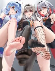 2024 3girls barefoot bm364364 disgusted feet feet_up firefly_(honkai:_star_rail) hi_res honkai:_star_rail honkai_(series) legs legwear light-skinned_female light_skin looking_at_viewer pov robin_(honkai:_star_rail) simple_background socks standing toes topaz_(honkai:_star_rail)