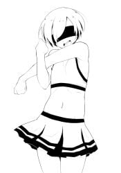 1boy blindfold clothed clothing crossdressing femboy khexxi male male_focus male_only monochrome nier nier:_automata short_hair skirt white_background white_hair yorha_9s