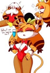 annoyed_expression asking_viewer bunnysuit diives dou_(diives) fishnet_legwear furry glass_cup holding_object implied_sex lucyfercomic tiger_girl xingzuo_temple