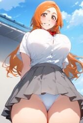 ai_generated bare_legs big_breasts bleach brown_eyes huge_breasts huge_thighs inoue_orihime light-skinned_female light_skin long_hair looking_down low-angle_view massive_breasts orange_hair panties school_uniform schoolgirl smiling solo_female squatting sweat sweatdrop thick_body thick_female thick_thighs thighs upskirt voluptuous voluptuous_female