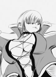 1girls belly big_breasts big_breasts boob_window breasts breasts cleavage clothed female fishnets from_below huge_breasts jacket king_of_fighters light-skinned_female light_skin long_hair no_bra open_clothes pale-skinned_female pale_skin shermie_(kof) skinny_waist