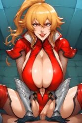 1girls absoluteai ai_generated alternate_breast_size bimbo bimbofication blonde_hair body_takeover bodysuit breasts_bigger_than_head corruption cowgirl_position crazy_eyes dominant_female enemy_conversion evil_grin evil_smile female female_only fishnets genshin_impact huge_breasts huge_butt human jean_gunnhildr latex leotard mind_break mind_control oboro_(taimanin_asagi)oboro_(taimanin_asagi)_(cosplay) personality_change personality_switch red_eyes red_latex_leotard red_lips riding_penis solo taimanin_(series) taimanin_suit