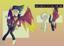 1ambiguous 1boy ambiguous_fluids ambiguous_gender black_hair blush deltarune deltarune_chapter_2 greedyghoul precum size_difference spamton_g_spamton spamton_neo sweat sweatdrop tentacle tentacle_penis text white_body wings