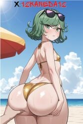 ai_generated angry_face beach bikini bubble_butt golden_bikini grabbing_ass huge_ass looking_at_viewer looking_back sunglasses sweating tatsumaki watermark