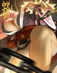 1girls amputee asian asian_female aurahack baiken eyepatch female female_only guilty_gear huge_breasts japanese_text long_hair red_hair samurai