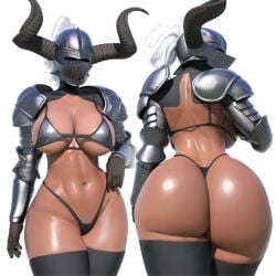 1girls 3d abs armor armored_boots armored_female armored_gloves ass ass_focus back_view big_breasts bikini bikini_armor blender boots dark-skinned_female female_knight from_behind gloves helmet horned_helmet knight micro_bikini multiple_views muscular_female navel oc ponytail popogori shiny_skin solo thick_ass thick_thighs thighhighs thighs toned white_hair