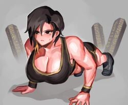 beauty_mark_under_eye big_breasts binah black_eyes black_hair cleavage lobotomy_corporation morchkins project_moon push-up queen_getting_fit sportswear sweat training