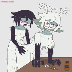 1boy 1girls aphrodisiac black_hair cum_inside deer_girl deer_horns fpe_oc fundamental_paper_education magalnik magalnik_(fundamental_paper_education) miss_matcha_(fundamental_paper_education) needle nurse nurse_and_student oc self_upload student sweating table tagme wendigo white_hair