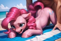 ai_generated blue_eyes earth_pony equid equine feral friendship_is_magic fur furry hasbro horse human human_on_feral interspecies male_human/female_feral mammal my_little_pony open_mouth pink_body pink_fur pinkie_pie_(mlp) pony pony_diffusion_xl ponystalker zoophilia