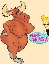 100_nails 2022 absurd_res anthro antlers ass becky_the_moose_(johnny_bravo) big_breasts blonde_hair breasts capreoline cartoon_network cervid dialogue duo english_text female genitals hair half-closed_eyes hi_res hooves horn human johnny_bravo johnny_bravo_(series) looking_at_viewer male mammal moose narrowed_eyes nipple_outline pose pussy speech_bubble text