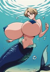 1girls ai_generated bishoujo_senshi_sailor_moon blonde_hair female gigantic_breasts haruka_tenou huge_breasts large_breasts mermaid mermaid_tail mermaid_transformation navel sailor_uranus short_hair solo underwater water