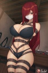 1girls animated bikini black_bikini bondage damsel_in_distress erza_scarlet fairy_tail female female_only female_solo gagged live2d long_hair otn_gag plusout red_hair rope rope_bondage solo solo_female solo_only tied_up