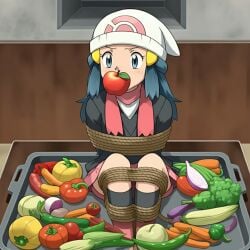 ai_generated apple_gag apple_in_mouth arms_tied_behind_back blue_eyes blue_hair bondage bound_legs dawn_(pokemon) food gag gagged looking_at_viewer pokemon sitting