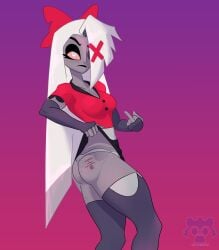 ass ass_focus big_ass evil_raccoon grey_body hazbin_hotel middle_finger miniskirt skirt skirt_lift skirt_up vaggie_(hazbin_hotel) vivienne_medrano vivziepop white_hair