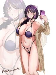 1girls amanda_hikari azur_lane belly_button bikini black_pasties blush cleavage clothed clothing dragon_empery_(azur_lane) eyebrows_visible_through_hair female female_only light-skinned_female light_skin pasties phone pink_nails purple_eyes purple_hair smartphone solo swimsuit ting_an_(azur_lane) ting_an_(undercover_or_uncovered?!)_(azur_lane)