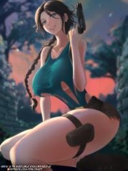 1girls bare_arms bare_legs bare_shoulders bare_thighs big_breasts black_hair blue_eyes blush clothed clothing color female female_focus female_only hi_res lara_croft large_breasts light-skinned_female light_skin long_hair looking_at_viewer no_bra opalisart pistol ripped_clothing shounen_jump solo solo_female tagme thick_thighs tomb_raider