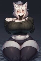 :3 ai_generated big_ass big_breasts big_butt blush booty_shorts breedable cat_ears cute furry furry_female furry_only huge_ass huge_breasts huge_butt massive_ass massive_breasts massive_butt mommy oc orange_eyes sweater thick_thighs thighhighs tummy white_fur white_hair