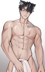 1boy 1male abs bara bare_pectorals black_hair blue_eyes gay genshin_impact hinasore male male_focus male_only muscular muscular_male wriothesley_(genshin_impact) yaoi