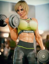 1girls 2023 3d abs alternate_version_available black_pants blonde_hair blue_eyes depth_of_field female female_only gym holding_weights huge_breasts indoors jonasd jonasd-3dart joyce_(jonasd) looking_at_viewer muscular muscular_female original_character pants short_hair solo solo_female swet weightlifting wet_body wet_skin