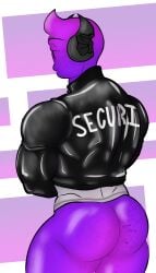 big_ass big_butt bouncer chance_(filled_crossiant) filledcrossiant freckles freckles_on_ass freckles_on_face gay horns leather_jacket male_only muscular muscular_male presenting_hindquarters purple_skin simple_background simple_shading solo solo_male thick_thighs