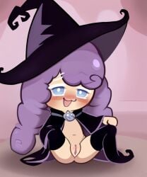 ai_generated blush cookie cookie_run deep_blush female long_hair purple_hair robe solo witch witch_hat witchberry_cookie